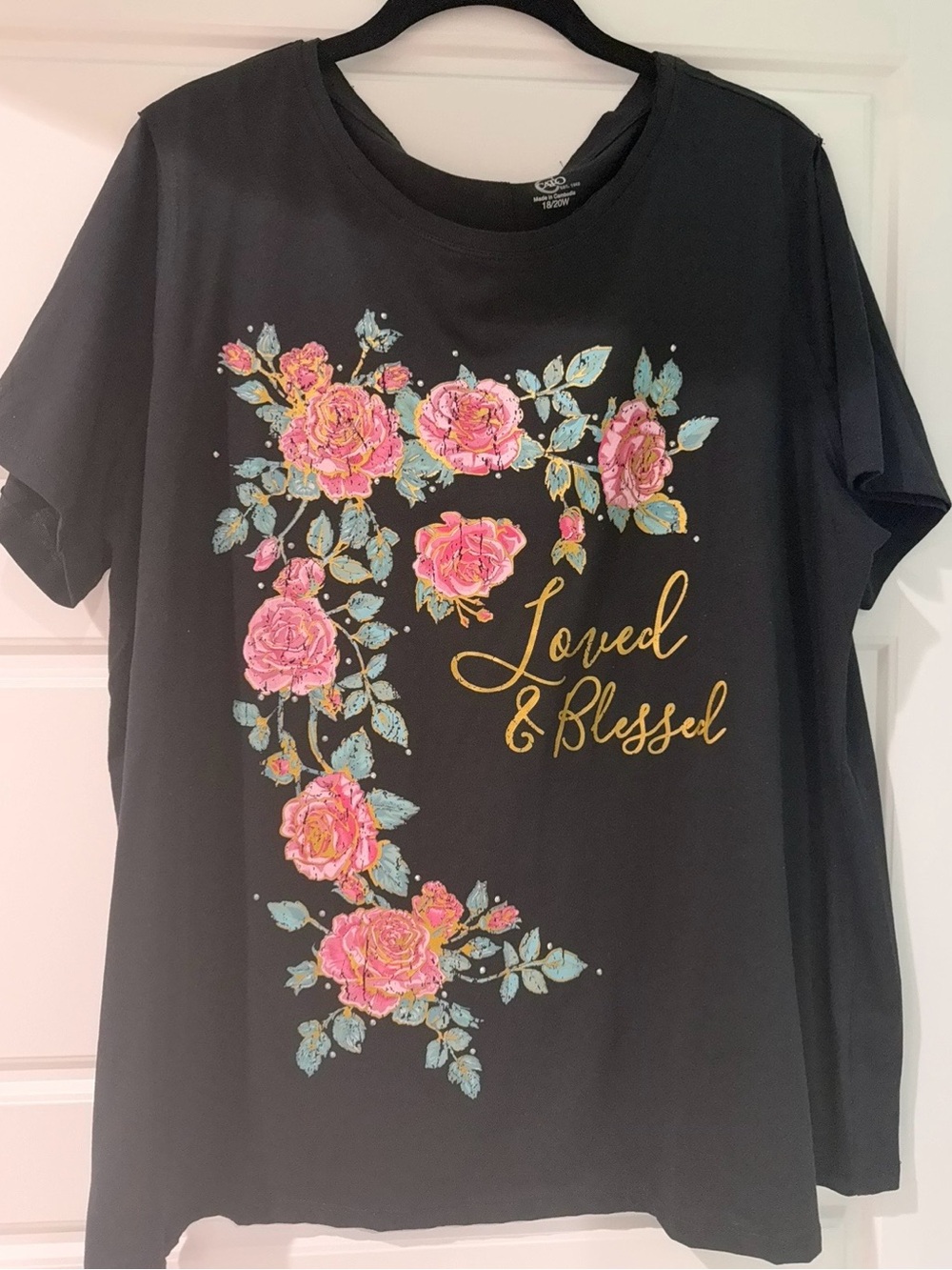 Cato Black Short Sleeve Tee with Pink Rose Floral and Gold Script